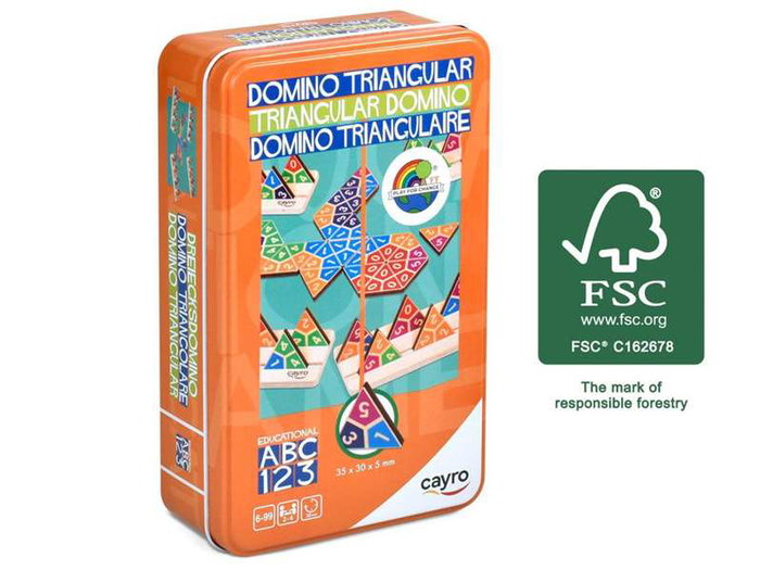 Cayro Domino Triangular Travel Metal Box, Juego de Viaje con 56 Fichas y 4 Atriles de Madera FSC, Idiomas: Español, Inglés, Francés
