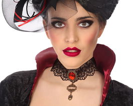 Collar Halloween Carnaval Encaje Negro Gema Roja Victoriano Gótico para Mujer Adulto