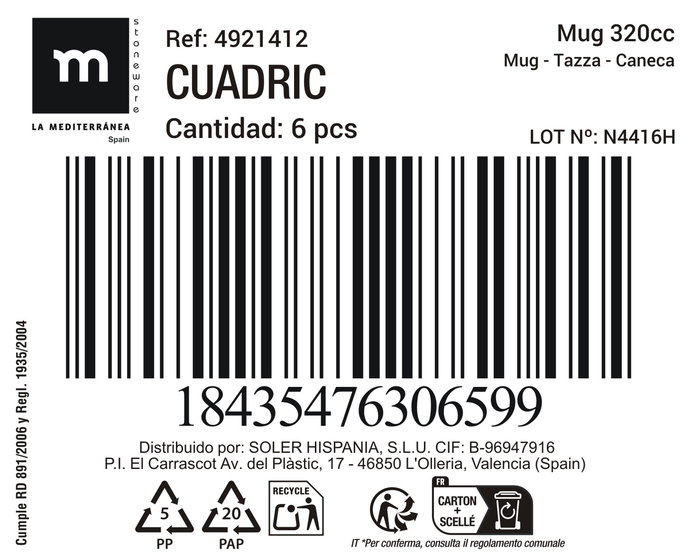 Inde Mug 320 cc "Cuadric" Diseño Cuadros (18 Unidades)