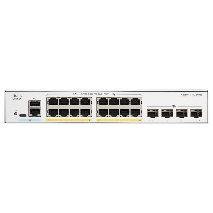 Cisco Systems Inc. CATALYST 1300 C1300-16P-4X, Switch de 16 Puertos Gigabit Ethernet PoE Gestionado L2/L3, 4 Puertos SFP+, Metal Blanco
