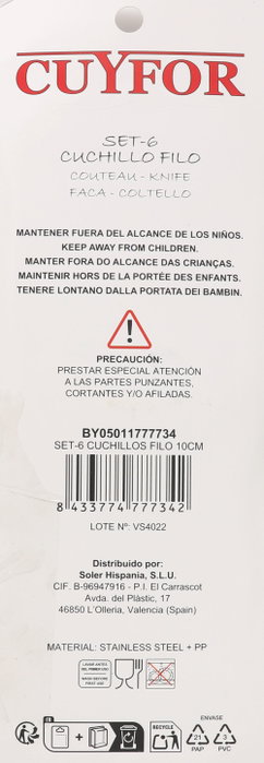 Cuyfor Set 6 Cuchillos Filo 10 cm Acero Inoxidable Mango Ergonómico Profesional (24 Unidades)
