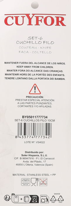 Cuyfor Set 6 Cuchillos Filo 10 cm Acero Inoxidable Mango Ergonómico Profesional (24 Unidades)