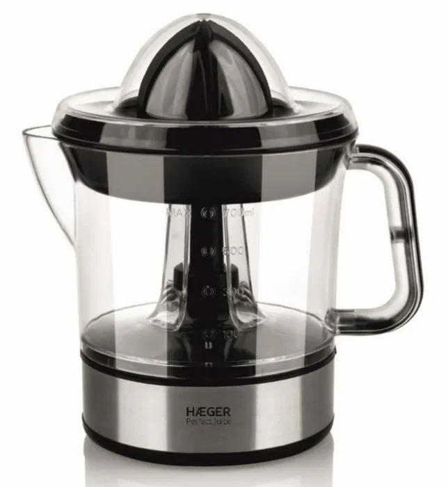 Haeger Perfect Juice Exprimidor de Cítricos Eléctrico 25W con Filtro de Pulpa Ajustable, Jarra 0.7L, 2 Conos, Color Negro