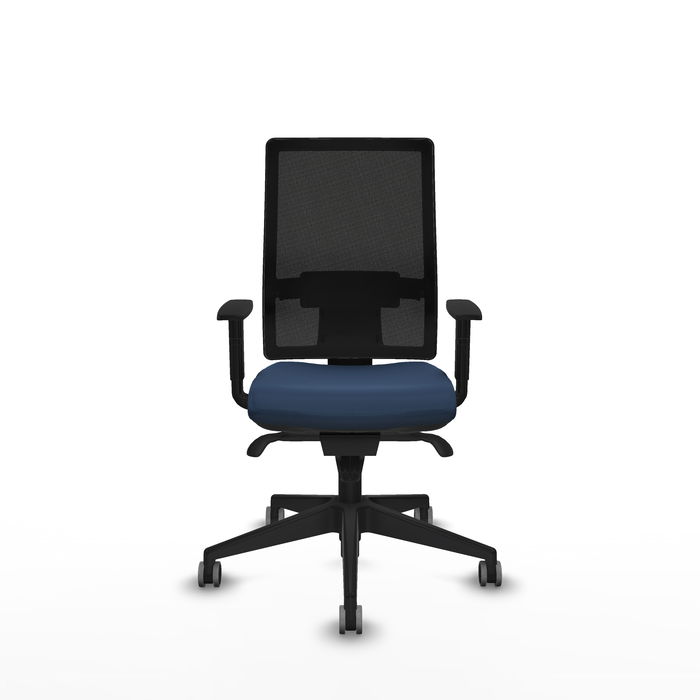 Silla de oficina Horna con mecanismo Sincro tapizada con Similpiel color Azul marino y malla color Negro. Equipada con lumbar 1D, Brazos 1D y Ruedas 65 mm parqué