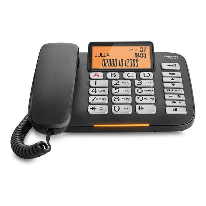 Gigaset DL580 Teléfono Analógico con Cable, Altavoz, 99 Entradas, Identificador de Llamadas, Negro