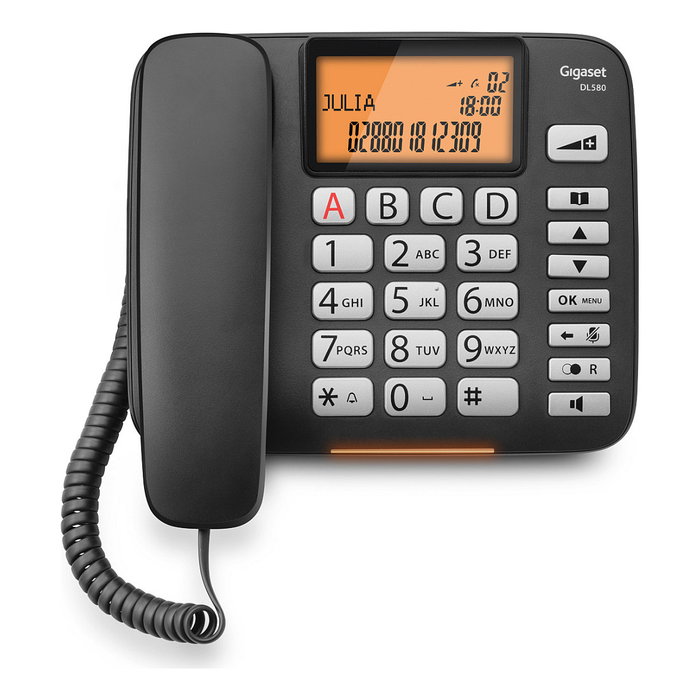 Gigaset DL580 Teléfono Analógico con Cable, Altavoz, 99 Entradas, Identificador de Llamadas, Negro