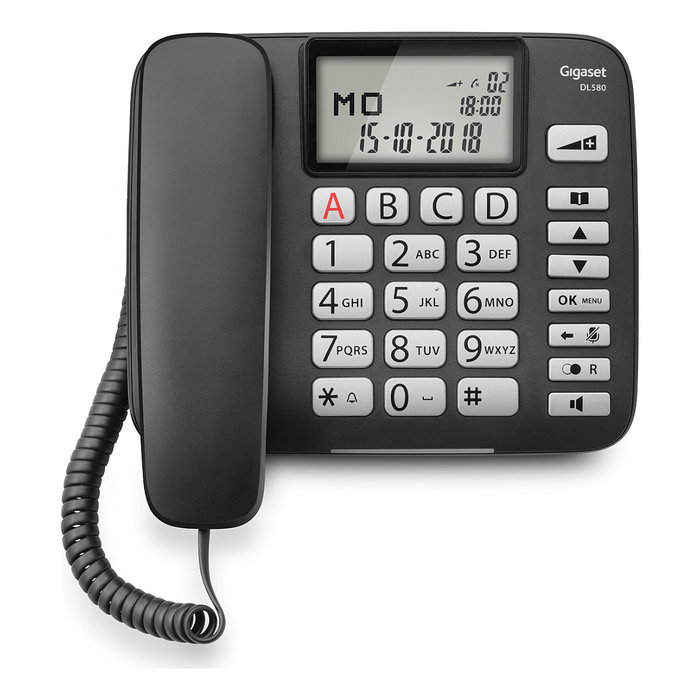 Gigaset DL580 Teléfono Analógico con Cable, Altavoz, 99 Entradas, Identificador de Llamadas, Negro