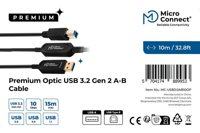 MicroConnect Cable USB 3.2 Gen 2 A-B de Fibra Óptica Premium, 10m