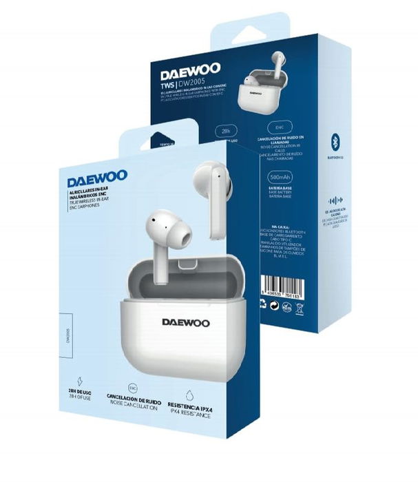 DAEWOO TWS Auriculares Bluetooth 5.3 Blanco con Cancelación Activa de Ruido y Micrófono para Llamadas, Batería 40 mAh/500 mAh