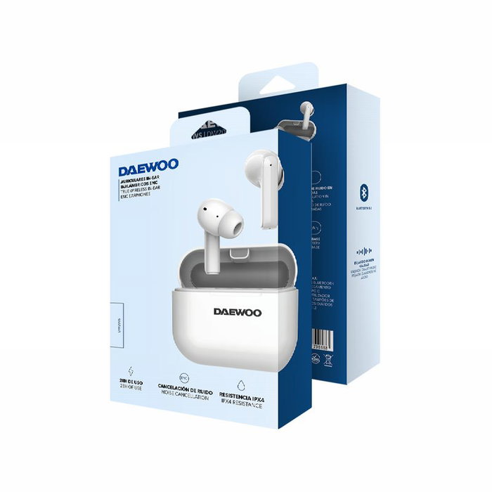 DAEWOO TWS Auriculares Bluetooth 5.3 Blanco con Cancelación Activa de Ruido y Micrófono para Llamadas, Batería 40 mAh/500 mAh