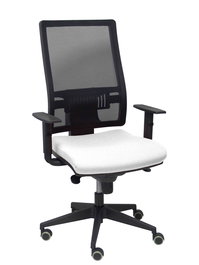 Silla de oficina Horna con mecanismo Sincro tapizada con Tela color Blanco y malla color Negro. Equipada con lumbar 1D, Brazos 1D y Ruedas de parqué