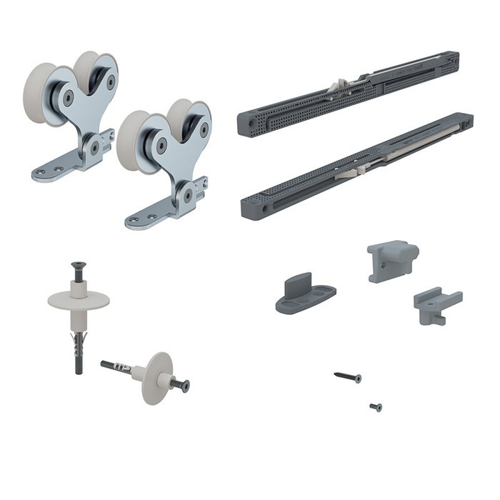 HERRAJES ALK Kit Herrajes Puerta Corredera Madera Suspendida Venus 2,5M Guía Aluminio 80kg Cierre Amortiguado Acabado Plata