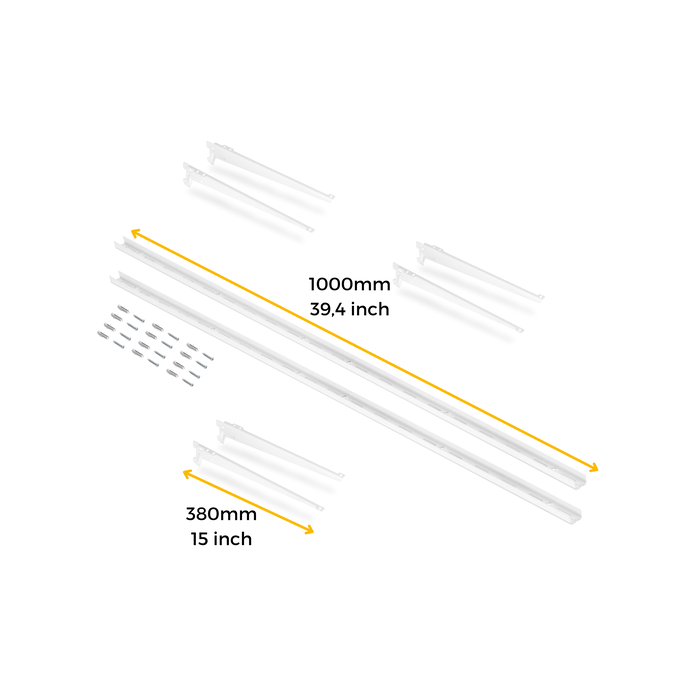 Emuca Kit para 3 estantes con sopores y perfiles de fijación a pared Jagmet, longitud 380mm, Acero, Pintado blanco Emuca Kit para 3 estantes con sopores y perfiles de fijación a pared Jagmet, longitud 380mm, Acero, Pintado blanco