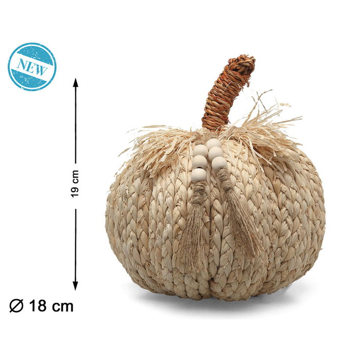 Atosa Calabaza Decorativa de Esparto con Borlas Naturales para Halloween y Otoño - 19x18 cm