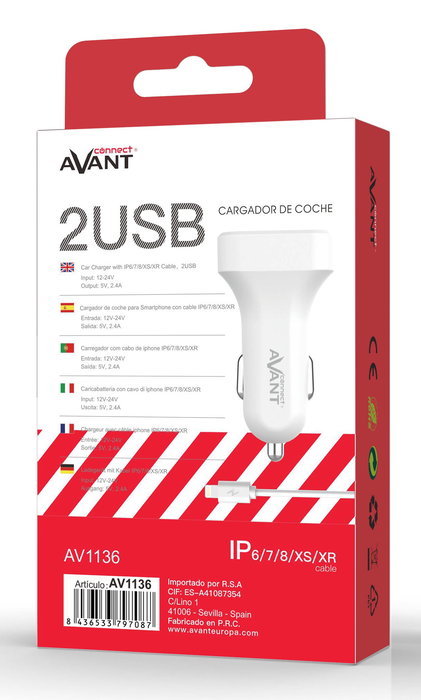 AVANT CONNECT Cargador de Coche 2 Puertos 2.4A USB + Cable Lightning para iPhone - Modelo AVANT