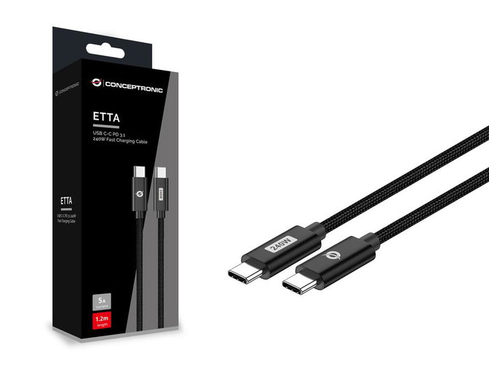 Conceptronic ETTA03B20 Cable USB-C Macho a Macho Negro 2m, 240W Power Delivery