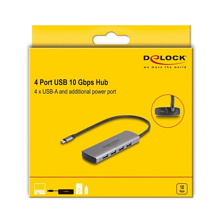 DeLOCK 64293 Hub USB con 4 puertos USB 3.2 Gen 2 Type-A y conexión USB Type-C Gris