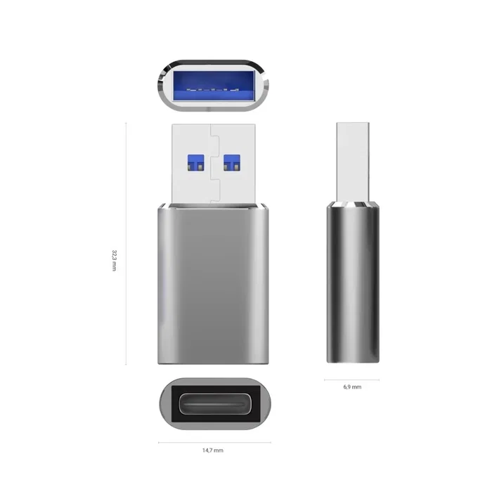 AISENS Mini Adaptador USB 3.2 Gen2 a USB-A, USB-C Hembra, Gris