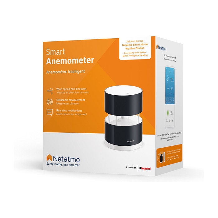 Netatmo Anemómetro Inteligente para Estación Meteorológica, Inalámbrico Wi-Fi, Mide Velocidad del Viento 0-45 m/s, Resistente al Agua y UV, Negro/Transparente