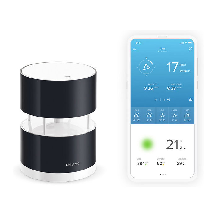 Netatmo Anemómetro Inteligente para Estación Meteorológica, Inalámbrico Wi-Fi, Mide Velocidad del Viento 0-45 m/s, Resistente al Agua y UV, Negro/Transparente