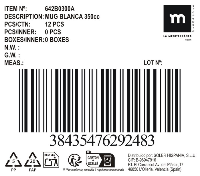 Mediterraneo Taza Blanca Inde 350cc, pack de 12 unidades