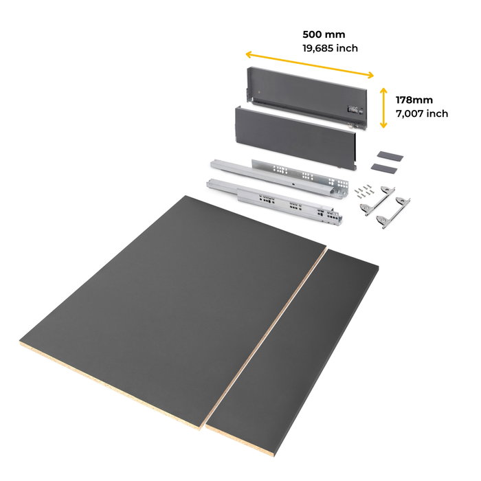 Emuca Kit de cajón para cocina o baño Vertex de altura 178mm con regulación 3D, tableros incluidos, módulo 900mm, Gris antracita Emuca Kit de cajón para cocina o baño Vertex de altura 178mm con regulación 3D, tableros incluidos, módulo 900mm, Gris antracita