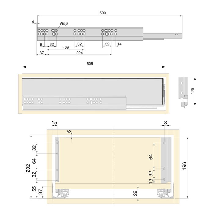 Emuca Kit de cajón para cocina o baño Vertex de altura 178mm con regulación 3D, tableros incluidos, módulo 900mm, Gris antracita
