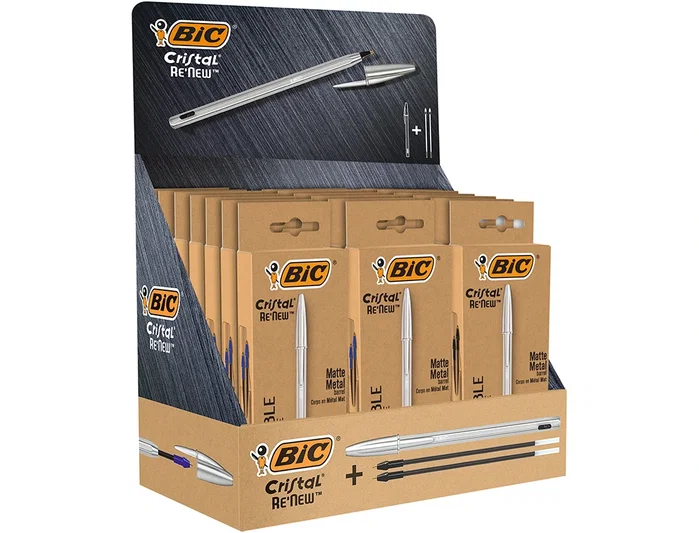 Bic Cristal Renew Metal Expositor de 21 unidades (15 Azul y 6 Negro)