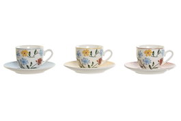 DKD Home Decor Set de Taza y Platillo de Porcelana Floral, 6 Piezas