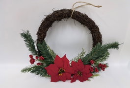 DKD Home Decor Corona de Fibra de Poliéster Flor de Navidad Rojo