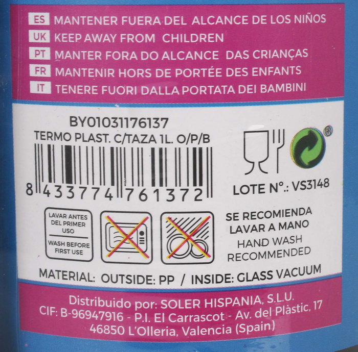 Thermosport Termo de Plástico con Taza 1L con dimensiones 11 cm (ancho) x 29 cm (alto) x 13 cm (largo) (12 Unidades)