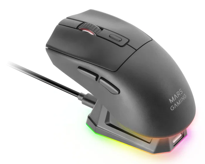 Mars Gaming MM-T3 Ratón Gaming Inalámbrico Tri-Mode, 14400 DPI, RGB Chroma, Base de Carga Magnética, Ultraligero 67g, Negro, para PC, PS5, Xbox, Switch