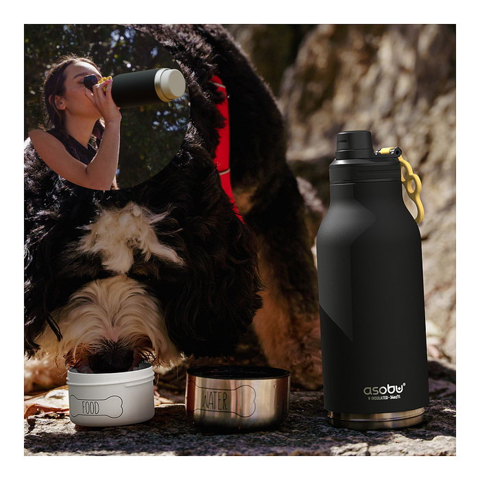 Asobu Buddy - Botella Plegable Acero Inoxidable para Mascotas, 1082 ml, Negra, a Prueba de Fugas, sin BPA