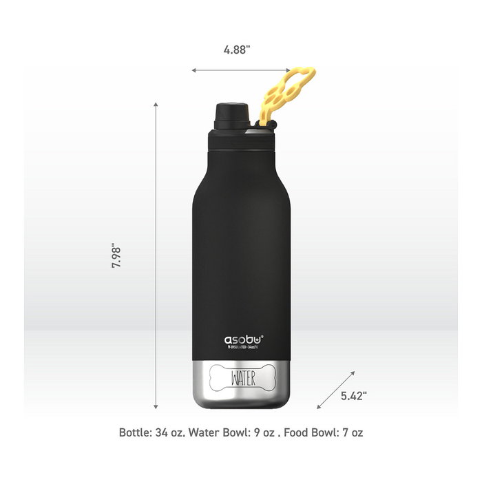 Asobu Buddy - Botella Plegable Acero Inoxidable para Mascotas, 1082 ml, Negra, a Prueba de Fugas, sin BPA