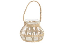 DKD Home Decor Portavelas de Cristal y Mimbre Natural 16x16x12 cm