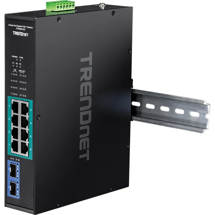 TRENDNet Switch Industrial TI-PGM102 Gigabit Ethernet 10 Puertos (8 PoE+ de 240W, 2 SFP) para Montaje en Rail DIN/IP30/Pared, Negro