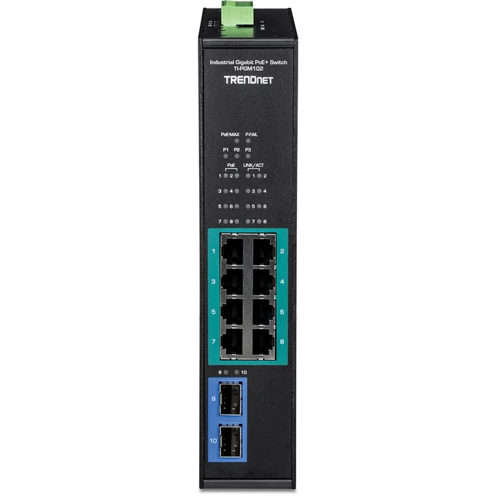TRENDNet Switch Industrial TI-PGM102 Gigabit Ethernet 10 Puertos (8 PoE+ de 240W, 2 SFP) para Montaje en Rail DIN/IP30/Pared, Negro