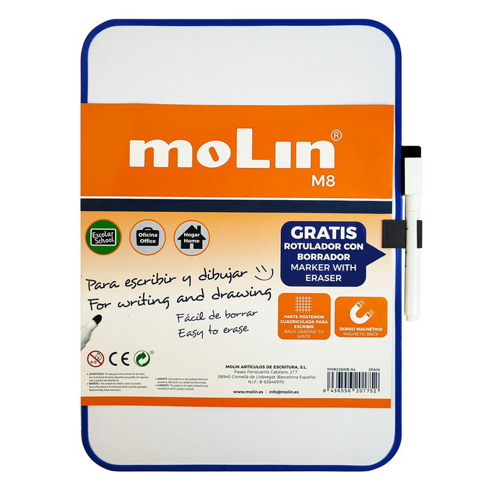 Molin Pizarra Blanca Magnética Doble Cara Blanca/Cuadriculada Molin Pizarra Blanca Magnética Doble Cara Blanca/Cuadriculada