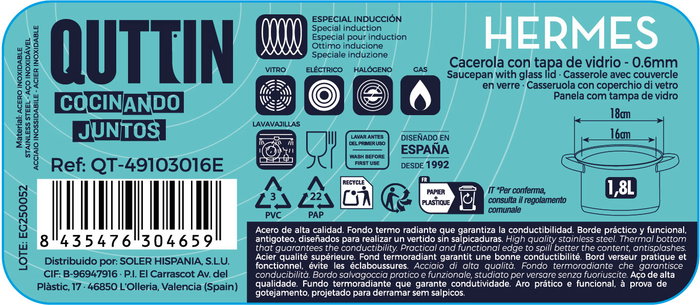 Inde Cacerola Acero Inoxidable 16 cm (1.8 L) con Tapa "Hermes" Ø17.6x9.6 cm (6 Unidades)
