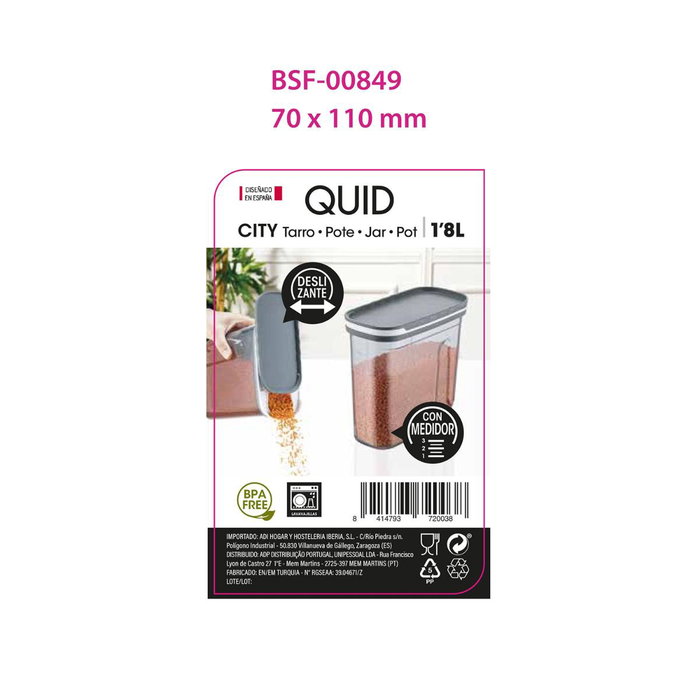 Tarro Alto Plástico City Quid 1800 mL-19,9x9,5x18 cm (12 Unidades)