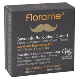 FLORAME Jabón Viajero 5 en 1 para Hombre 100g - Limpia Piel, Barba y Cabello - Con Aceite de Argán y Cedro - Certificado ECOCERT