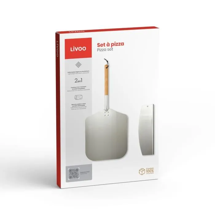 Livoo MES149 Juego de Pizza con Pala de Aluminio y Mango de Madera de Haya, Cuchillo para Pizza de Acero Inoxidable