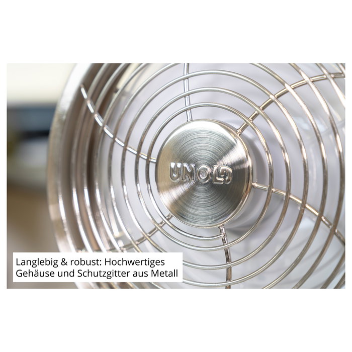 Unold Steel Flex 86705 Ventilador de Mesa Recargable, Cromo, 14 cm, 4 W, 12 h de Autonomía