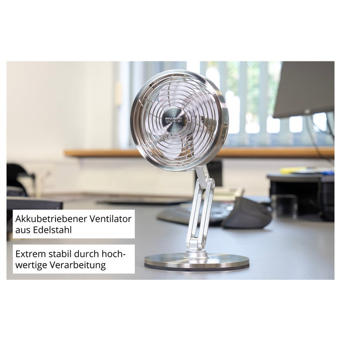 Unold Steel Flex 86705 Ventilador de Mesa Recargable, Cromo, 14 cm, 4 W, 12 h de Autonomía