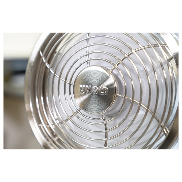 Unold Steel Flex 86705 Ventilador de Mesa Recargable, Cromo, 14 cm, 4 W, 12 h de Autonomía