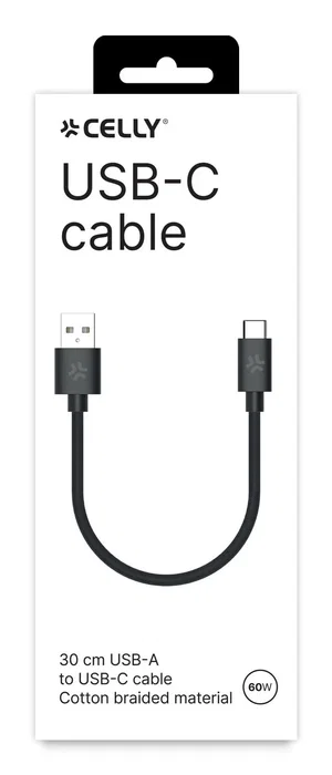 Celly Cable USBAUSBCCOT30BK USB-A a USB-C de 1.5 m, Carga Rápida 60W, Conector Macho Derecho, Tela Trenzada, Blanco