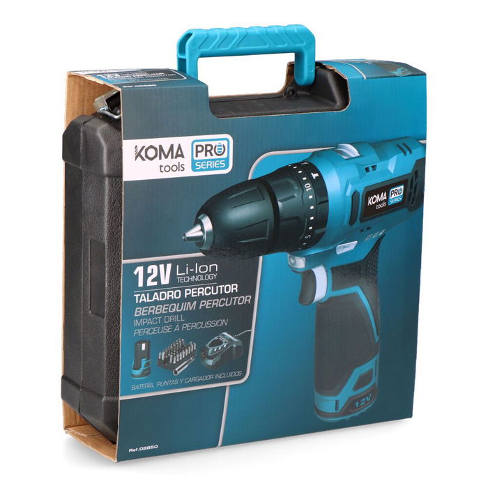 Koma Tools Taladro Percutor 12V 12V-TP-K con Batería 2.0Ah, Carga USB-C, Cargador 50W, Maletín y Juego de 130 Accesorios (Portapuntas y Puntas)