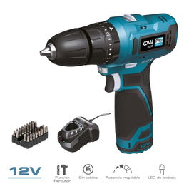 Koma Tools Taladro Percutor 12V 12V-TP-K con Batería 2.0Ah, Carga USB-C, Cargador 50W, Maletín y Juego de 130 Accesorios (Portapuntas y Puntas)