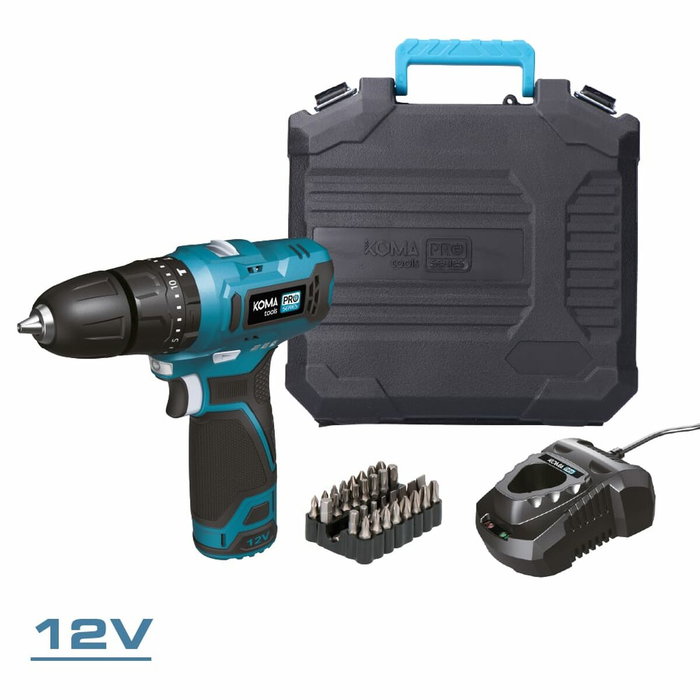 Koma Tools Kit taladro percutor 12 V con batería 2.0 Ah y accesorios