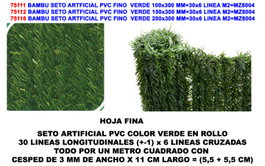 BAMBU SETO ARTIFICIAL PVC HOJA FINA PINO VERDE 1 x 3 M=MZ8004